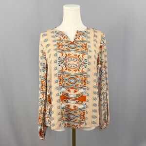 Elegant Boho Meets Global Print Blouse in Orange, Blues, & Cream